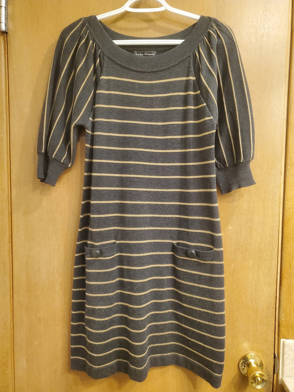 Jessica Howard Gray and Tan Striped Sweater Dress with Puff Sleeves